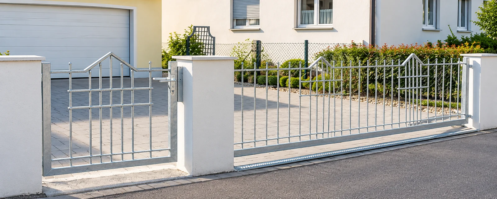 Verzinkte Metall-Toranlage vor einem Wohnhaus
